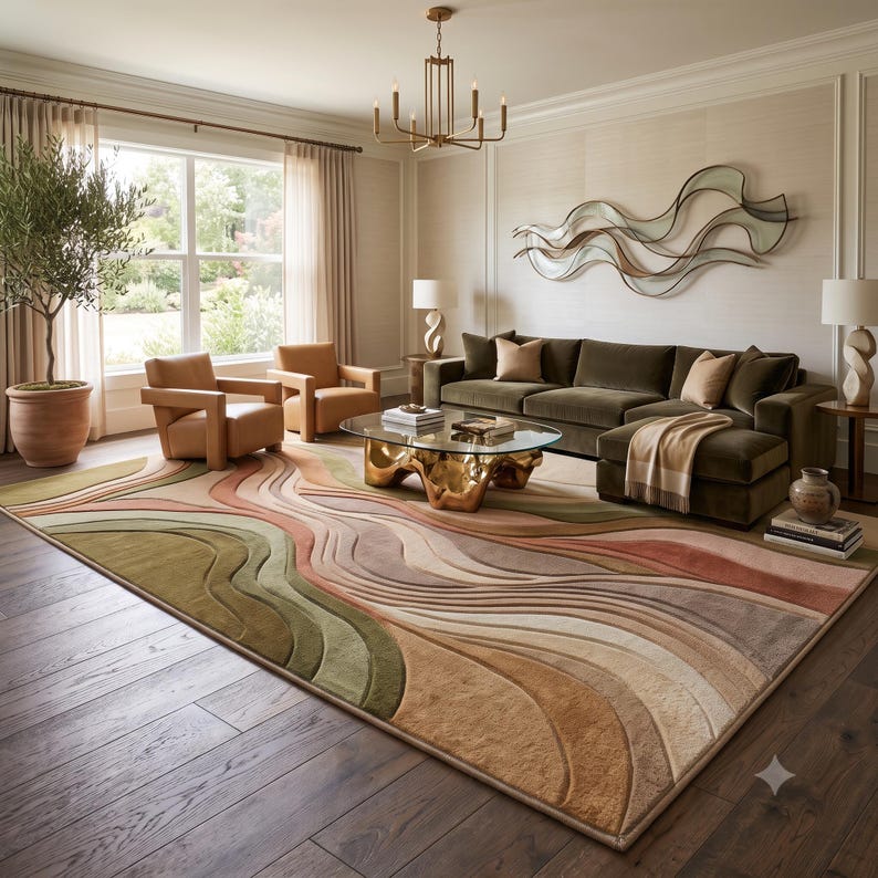Modern Abstract Hand-Tufted Area Rug in Sage Green, Terracotta & Beige – High-Low Texture Soft Carpet for Living Room