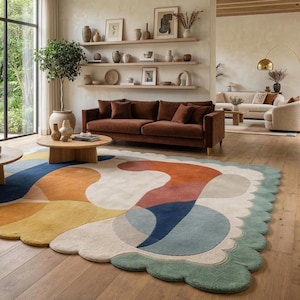 Scalloped Wool Rug, Mid Century Modern Abstract Carpet, Artisan Hand Tufted Area Rug