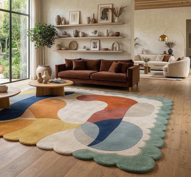 Scalloped Wool Rug, Mid Century Modern Abstract Carpet, Artisan Hand Tufted Area Rug