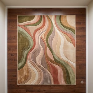 Modern Abstract Hand-Tufted Area Rug in Sage Green, Terracotta & Beige – High-Low Texture Soft Carpet for Living Room