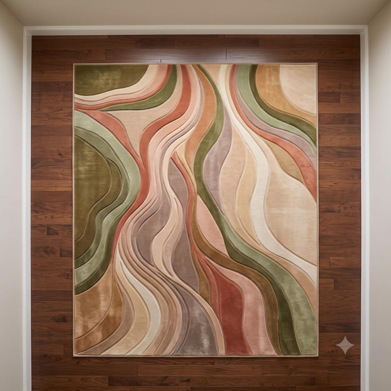 Modern Abstract Hand-Tufted Area Rug in Sage Green, Terracotta & Beige – High-Low Texture Soft Carpet for Living Room
