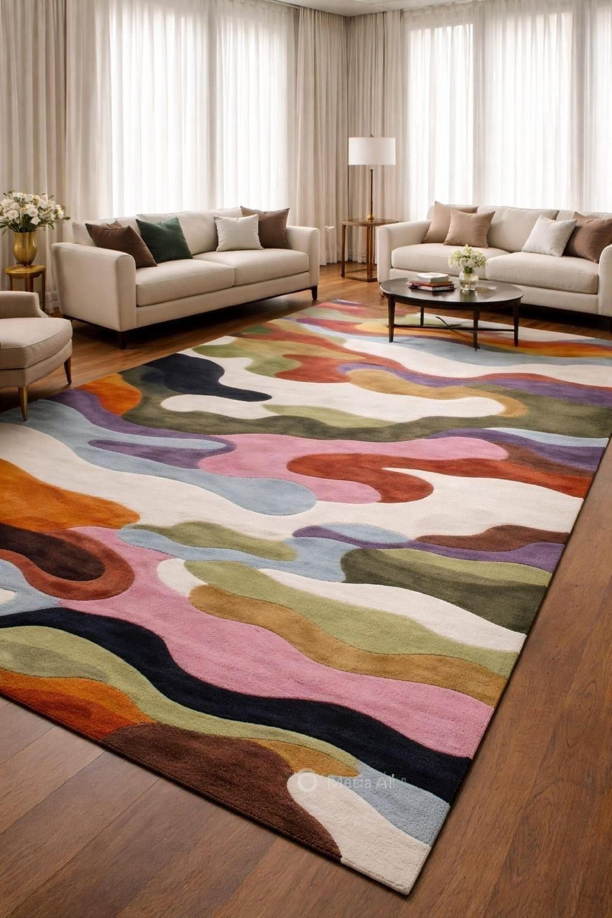 Modern Abstract Wavy Rug, Hand Tufted Wool Area Rug, Colorful ...