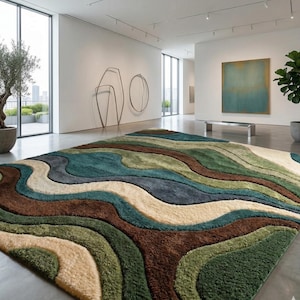 Large Area Rug — Retro Boho Shag Tufted Rug, Mid-Century Modern Living Room Carpet, Green, Brown & Cream Abstract Accent