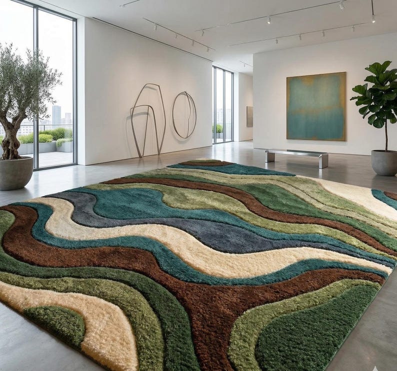 Large Area Rug — Retro Boho Shag Tufted Rug, Mid-Century Modern Living Room Carpet, Green, Brown & Cream Abstract Accent