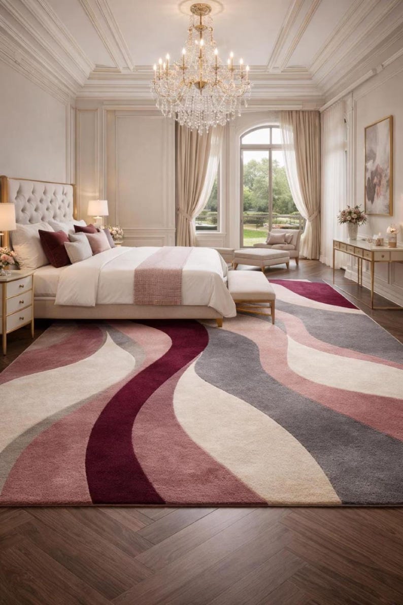 Modern Abstract Rug: Hand Tufted Wool, Large Contemporary Grey and Blush Pink Designer Rug