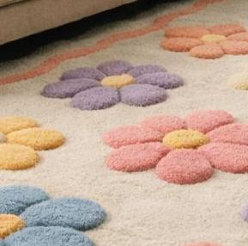 Floral area rug kawaii home decor, colorful soft wool rug, custom hand tufted rug