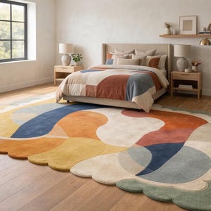 Scalloped Wool Rug, Mid Century Modern Abstract Carpet, Artisan Hand Tufted Area Rug