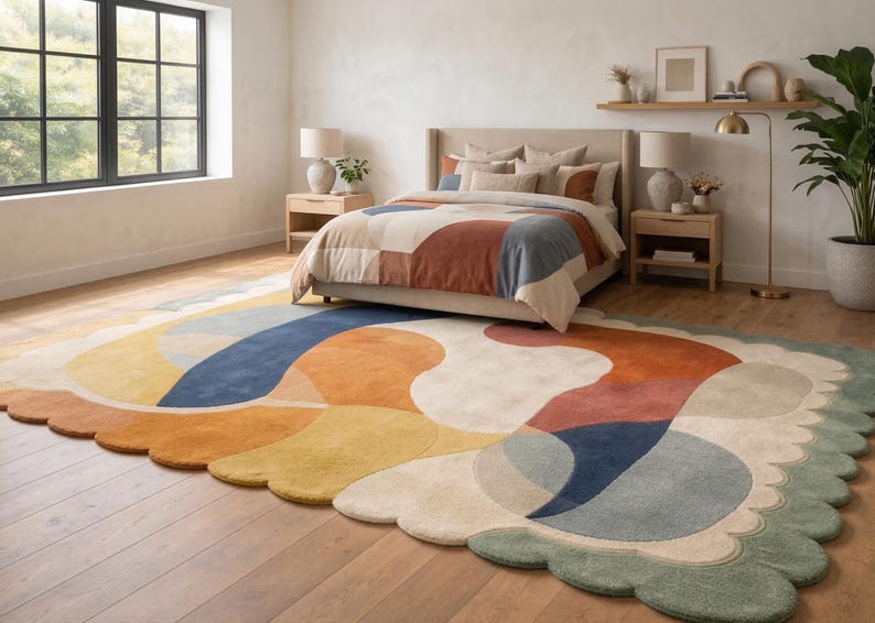 Scalloped Wool Rug, Mid Century Modern Abstract Carpet, Artisan Hand Tufted Area Rug