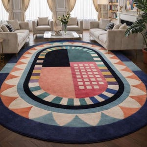 Hand tufted wool rug oval colorful abstract bedroom rug soft wool rug luxury rug