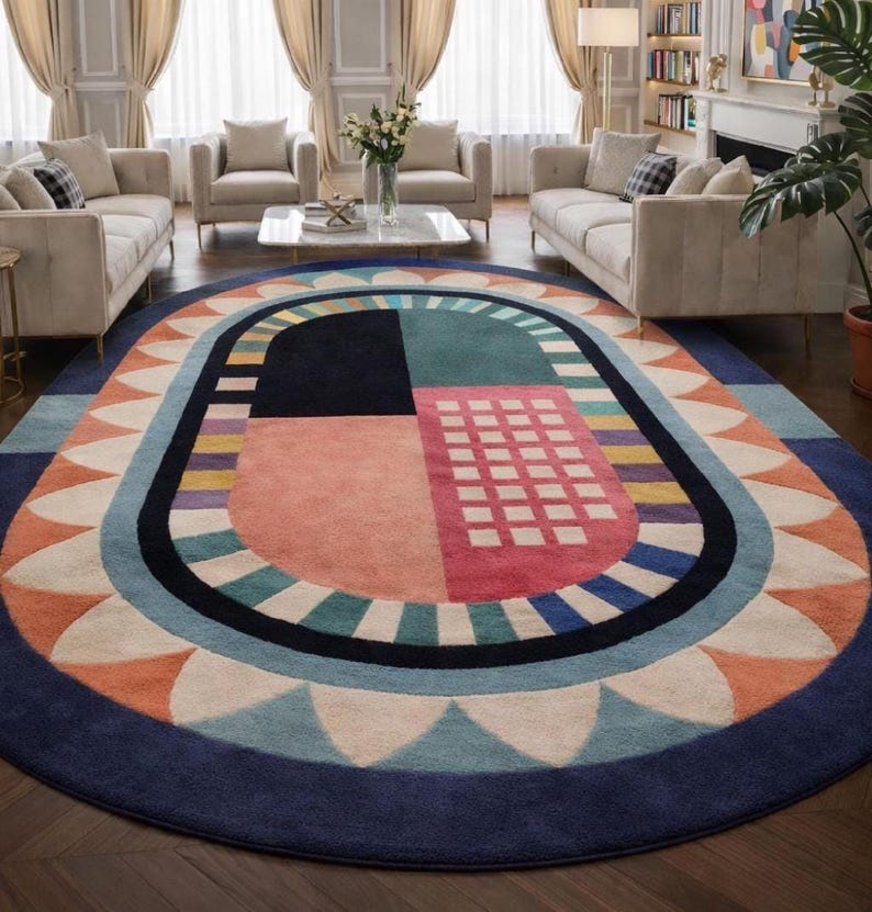 Hand tufted wool rug oval colorful abstract bedroom rug soft wool rug luxury rug