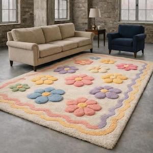 Floral area rug kawaii home decor, colorful soft wool rug, custom hand tufted rug