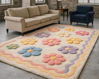 Hand Tufted Rug - Colorful Flower Rug 3D Floral Area Rug for Kids Room Carpets for Living Room Boho Flower Decor - Soft Plush Nursery Rug