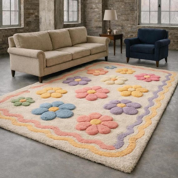 Hand Tufted Rug, Wool Floral Area Kawaii Pastel Boho Home Decor, rugs for living room, Bedroom, Nursery, Kids room 8x10, 6x9, 9x12 Area rug