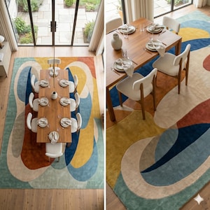 May include: A large rectangular area rug featuring an abstract pattern of flowing, organic shapes in shades of mustard yellow, deep navy blue, burnt orange, sage green, and cream, positioned beneath a wooden dining table with eight chairs.
