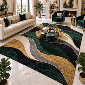 May include: A rectangular area rug featuring a flowing, wave-like pattern in shades of deep emerald green, mustard gold, charcoal gray, and cream. The rug has a textured, plush surface with distinct curved sections that create a layered visual effect.
