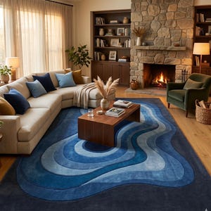 Hand Tufted Rug Blue Wavy 3D Textured Wool Rug - Abstract Ripple Area Rug Blue Gradient Hand Carpet for Living Room - Luxury Aesthetic Rug