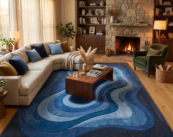 Hand Tufted Wool Rug -Blue Wavy 70s Retro rug, Abstract  Large Area Carpet for Living Room, Bedroom Modern Aesthetic Floor home Decor