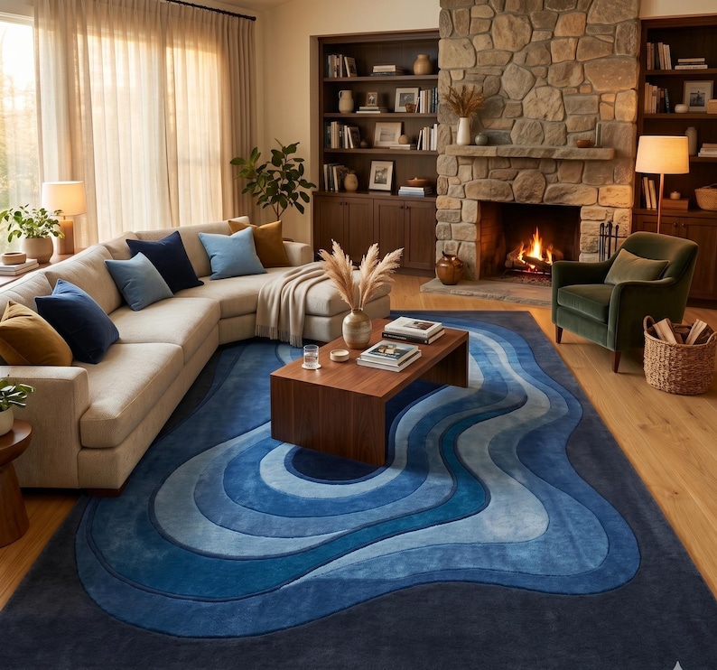 Hand Tufted Rug Blue Wavy 3D Textured Wool Rug - Abstract Ripple Area Rug Blue Gradient Hand Carpet for Living Room - Luxury Aesthetic Rug