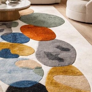 Mid century rug style, Modern Abstract Organic Carpet Beige, Blue, Mustard Orange Contemporary Rugs for living room, Bedroom 9x12 rugs