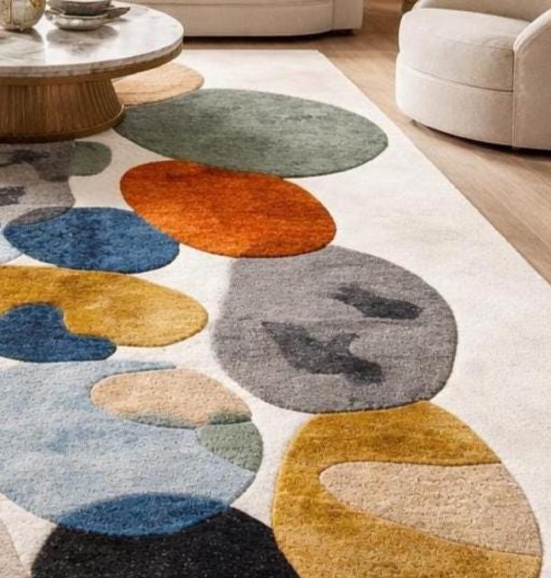 Mid century rug style, Modern Abstract Organic Carpet Beige, Blue, Mustard Orange Contemporary Rugs for living room, Bedroom 9x12 rugs