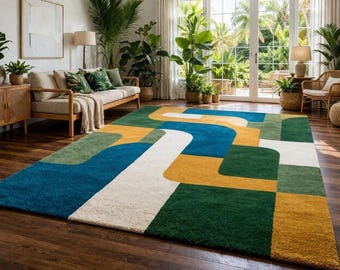 Hand-Tufted Wavy Abstract Area Rug | Retro Boho Teal Mustard Green Carpet