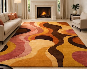 Hand Tufted Wool Abstract Rug, Mustard Yellow Mid Century Modern Carpet