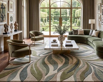 Abstract Rug Wavy Pattern Rug, Green & Sage Hand Tufted Wool, 3D Textured Sculpted Pile, Large Area Rug for Living Room, Bedroom, Boho Home