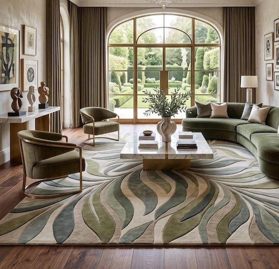 Abstract Rug Wavy Pattern Rug, Green & Sage Hand Tufted Wool, 3D Textured Sculpted Pile, Large Area Rug for Living Room, Bedroom, Boho Home