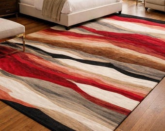 Retro 70s Abstract Striped Rug - Mid Century Modern Wavy Burnt Orange, Terracotta & Cream Aesthetic Floor Carpet for Living Room, Bedroom