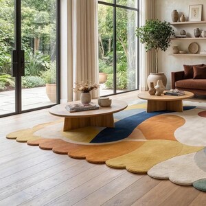 Scalloped Wool Rug, Mid Century Modern Abstract Carpet, Artisan Hand Tufted Area Rug