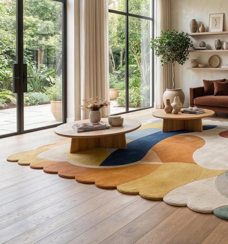 Scalloped Wool Rug, Mid Century Modern Abstract Carpet, Artisan Hand Tufted Area Rug