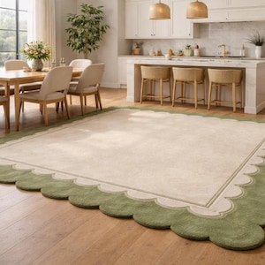 Oversized Sage Green Scalloped Rug, Hand Tufted Wool Area Rug, Large Cream & Green Border Rug, Luxury Living Room Rug, Modern Minimalist rug