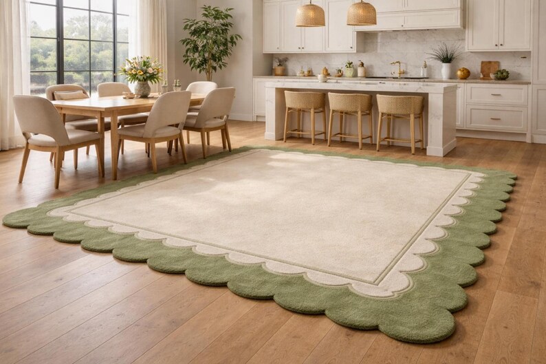 Oversized Sage Green Scalloped Rug, Hand Tufted Wool Area Rug, Large Cream & Green Border Rug, Luxury Living Room Rug, Modern Minimalist rug