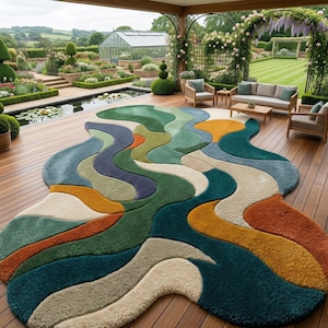 Colorful rug, Hand-Tufted Rug- Abstract Wavy Design in Forest Green, Teal, Terracotta, Luxurious Large Area Rug for Living Room & Bedroom