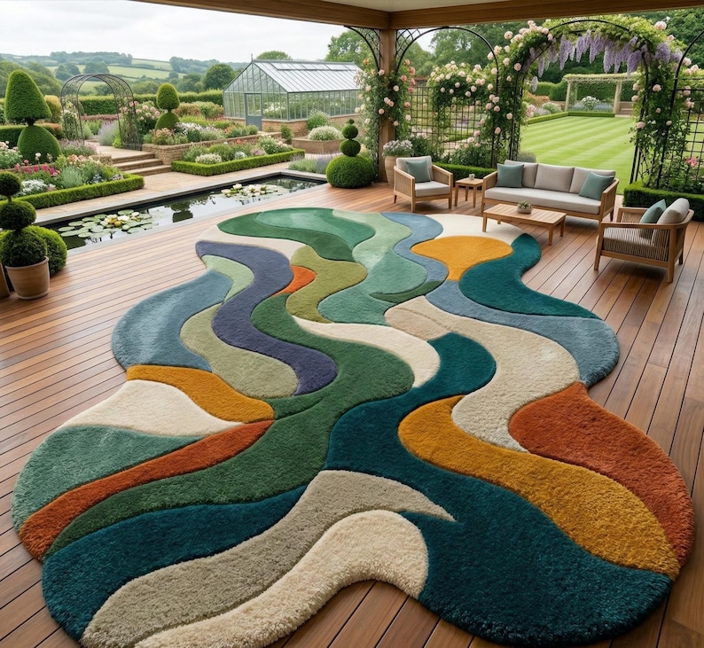 Colorful rug, Hand-Tufted Rug- Abstract Wavy Design in Forest Green, Teal, Terracotta, Luxurious Large Area Rug for Living Room & Bedroom