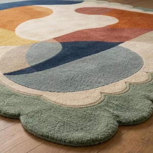 Scalloped Wool Rug, Mid Century Modern Abstract Carpet, Artisan Hand Tufted Area Rug