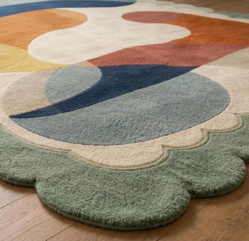 Scalloped Wool Rug, Mid Century Modern Abstract Carpet, Artisan Hand Tufted Area Rug