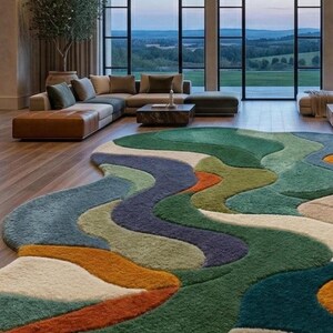 Colorful rug, Hand-Tufted Rug- Abstract Wavy Design in Forest Green, Teal, Terracotta, Luxurious Large Area Rug for Living Room & Bedroom