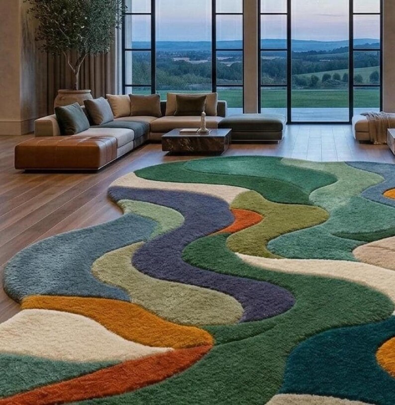 Colorful rug, Hand-Tufted Rug- Abstract Wavy Design in Forest Green, Teal, Terracotta, Luxurious Large Area Rug for Living Room & Bedroom