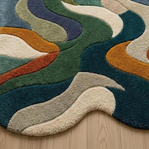 Colorful rug, Hand-Tufted Rug- Abstract Wavy Design in Forest Green, Teal, Terracotta, Luxurious Large Area Rug for Living Room & Bedroom