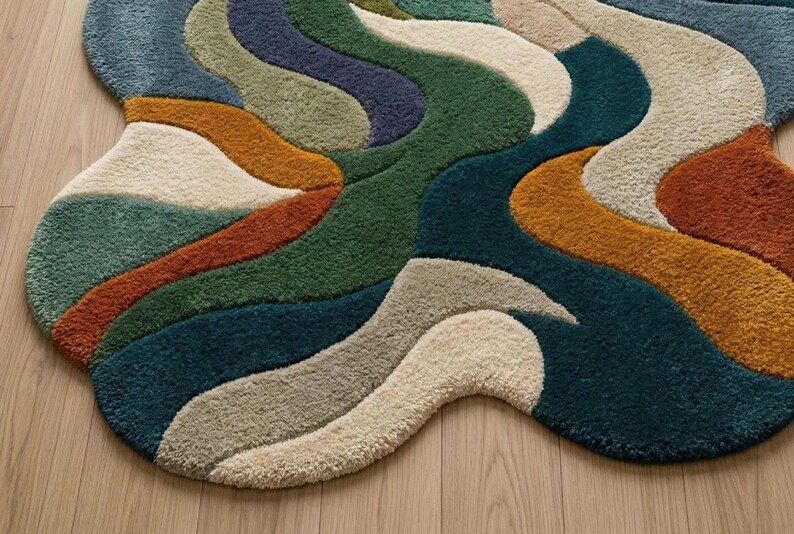 Colorful rug, Hand-Tufted Rug- Abstract Wavy Design in Forest Green, Teal, Terracotta, Luxurious Large Area Rug for Living Room & Bedroom