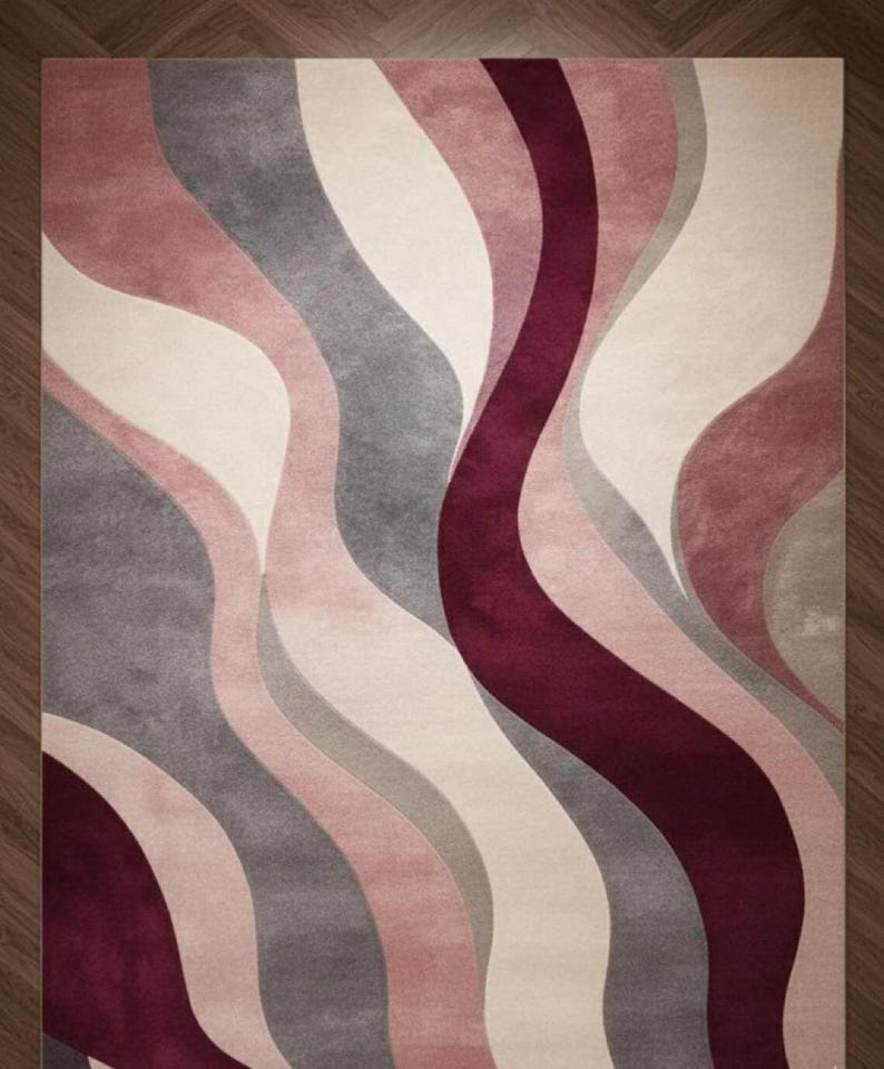 Modern Abstract Rug: Hand Tufted Wool, Large Contemporary Grey and Blush Pink Designer Rug