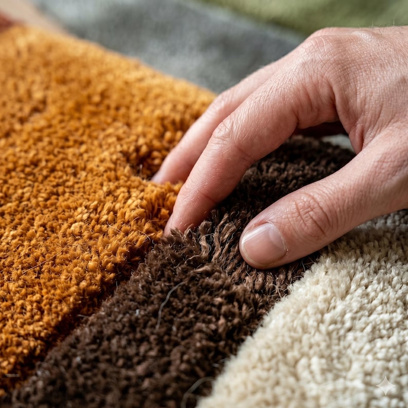 May include: Close-up of a selection of textured carpet samples in shades of brown, tan, and beige. The plush fibers are visible, with a hand touching the surface, highlighting the texture and color variations. The carpet samples are arranged side by side.
