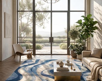 Abstract Blue Wool Rug – 9x12 Hand Tufted Modern Wave Area Rug, Contemporary Coastal Living Room Carpet, Luxury Designer Floor Decor