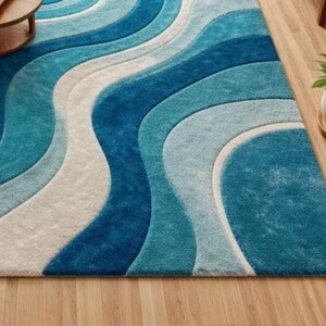 Hand Tufted Rug, Blue Teal Ivory Rug, 9x12 Area Rug, Large Living Room Rug, Custom Carpet Area