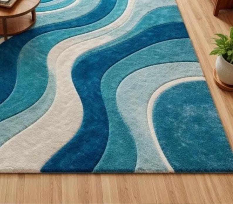 Hand Tufted Rug, Blue Teal Ivory Rug, 9x12 Area Rug, Large Living Room Rug, Custom Carpet Area