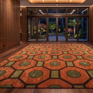 Mid Century Modern Geometric Hand Tufted Wool Rug, Retro 70s Hexagon Area Rug, Orange Green Living Room Carpet, 8x10 9x12, handmade Rug