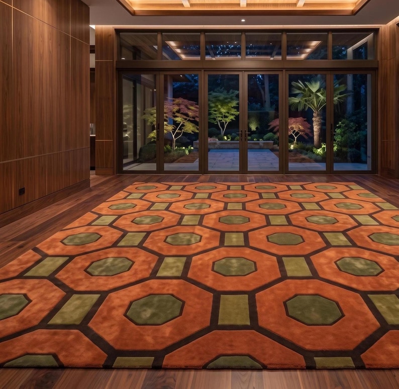 Mid Century Modern Geometric Hand Tufted Wool Rug, Retro 70s Hexagon Area Rug, Orange Green Living Room Carpet, 8x10 9x12, handmade Rug
