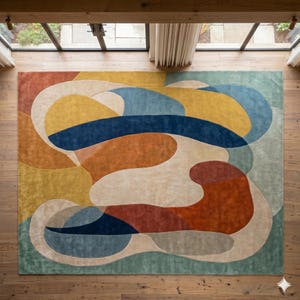 May include: A rectangular area rug featuring an abstract pattern of overlapping organic shapes in shades of mustard yellow, deep navy blue, terracotta orange, sage green, and cream. The design consists of curved, flowing color blocks.