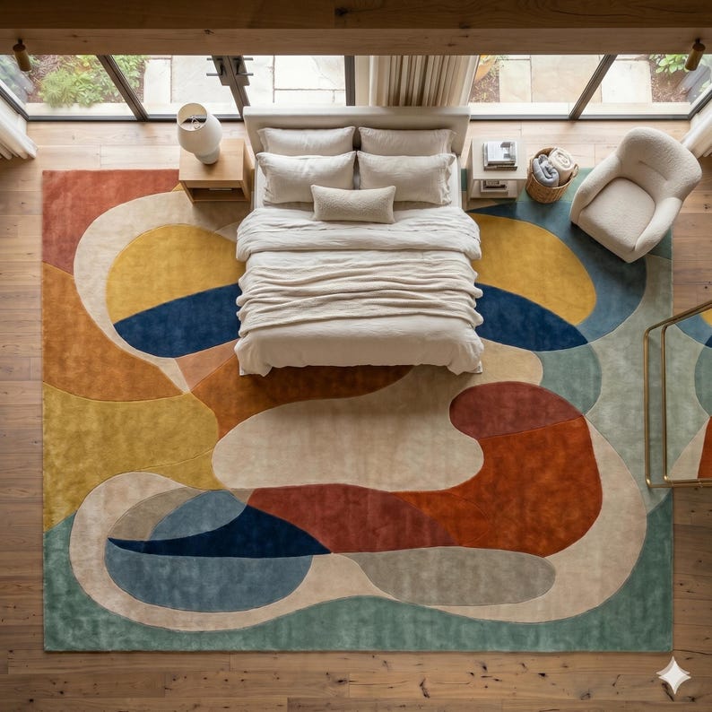 Luxury large designer rug with colorful mid century abstract pattern